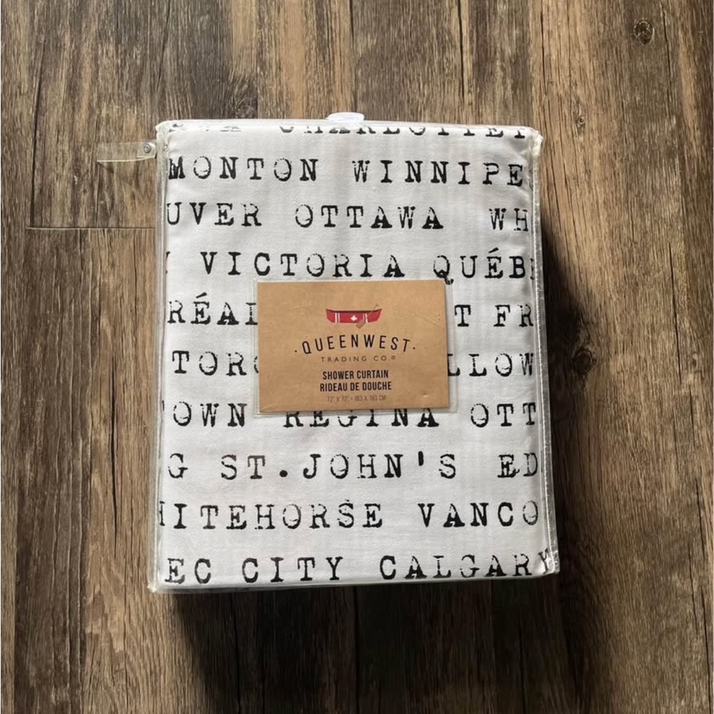 NWT Queenwest Canada Theme White Shower Curtain with Black Text